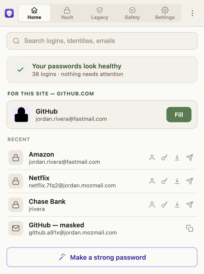 The Veridenti popup: your login for the site you're on, recent logins, and masked emails — one tap to fill.